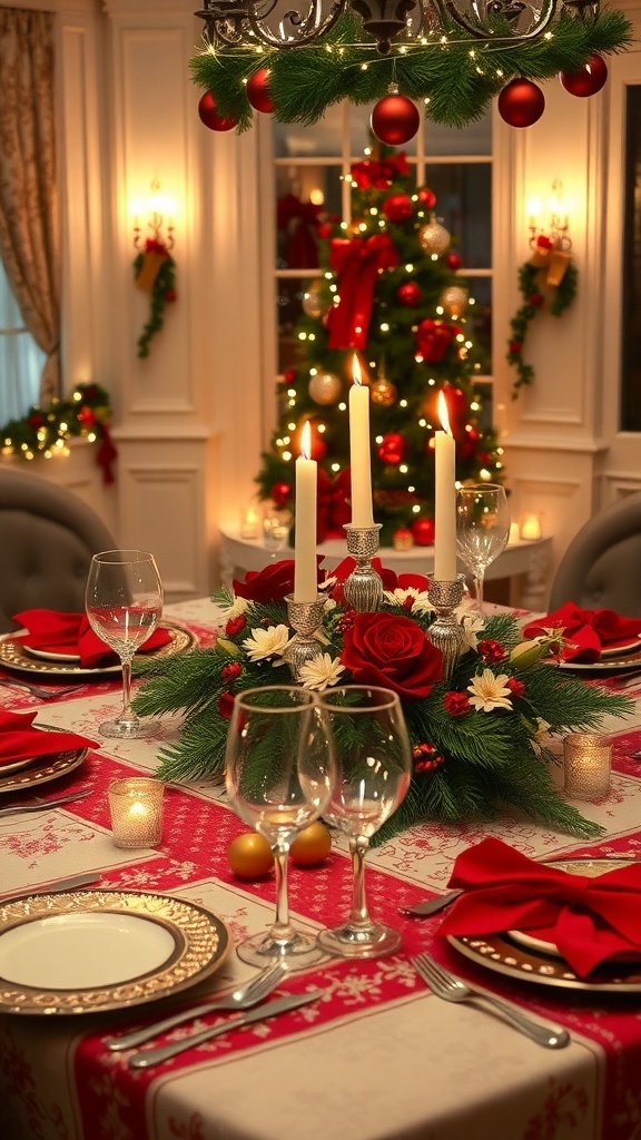Elegant Christmas Dinner Table Settings A beautifully arranged Christmas dinner table with festive decorations, elegant tableware, and a cozy ambiance.